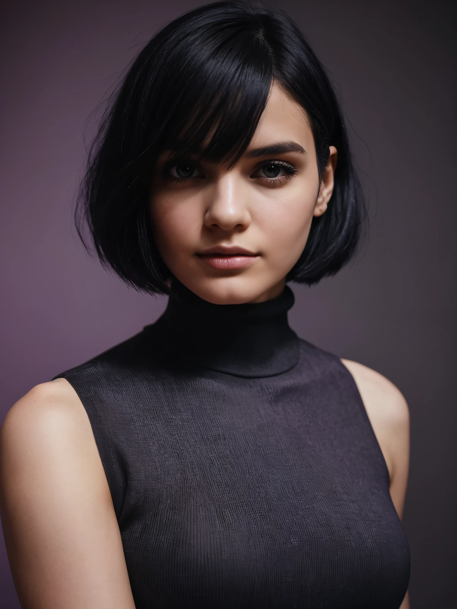 Magazine style photo of a young woman with black messy bob hair wearing a lilac cropped turtleneck inspired by Armani, indirect lighting, studio portrait, dark plain background, dynamic pose, beautiful body, 160 cm 50 kg, Soho, shot on Agfa Vista 200, film photography, f1.8 50mm lens