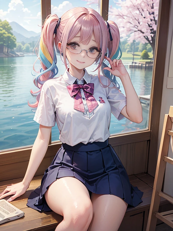 (masterpiece:1.2), (highest quality:1.2),, Curvy but slender body, perfect eyes, perfect face, perfect lighting, 1 girl,(rainbow colored hair, colorful hair, Half blue、half pink hair: 1.2),  cherry blossoms、 Glasses、（Cute floral shirt），（whole bodyが見える），spring、（painted on steel、Transparent sexy clothes、polka dots、lace skirt），curly hair, Clothes with short sleeves, 、In the sea、on the boat、, compensate, eye shadow, small breasts、thick eyelashes, fantasy, looking at the viewer, whole body，alice in wonderland、blue sky、Bright and beautiful face、young shiny glossy white shiny skin、the best beauty、the most beautiful in the world、thin hair、long hair、Shining beautiful bangs、big shining blue eyes、very beautiful and lovely 8 , the most beautiful girl in the world、twin tails、Glasses、a disappointed face、Waiting for a kiss、smile.Fashionable underwear