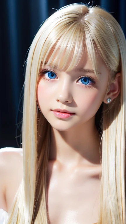 Portrait、、bright look、ponytail、Young, shiny, white, glossy skin、best beauty、blonde reflection、Platinum blonde hair with dazzling highlights、shiny bright hair,、super long silky straight hair、Shining beautiful bangs、Sparkling clear and charming big blue eyes、very beautiful lovely cute 16 year old girl、rich bust