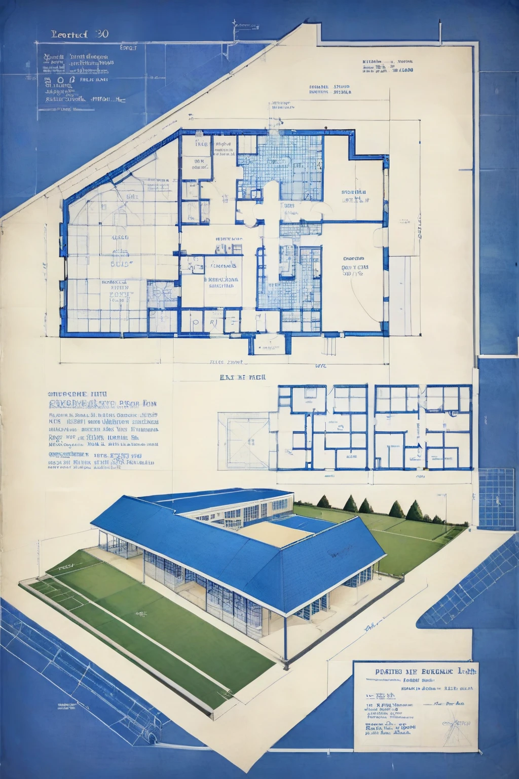 ON PARCHMENT,INK ILLUSTRATION,bl3uprint,A axonometric view and detailed blueprints for a building built on an incline of a hill, the building is in the style of a yacht, sports hall Inside,tennis court outside ,the sea in the background,detailed markings,grid lines,