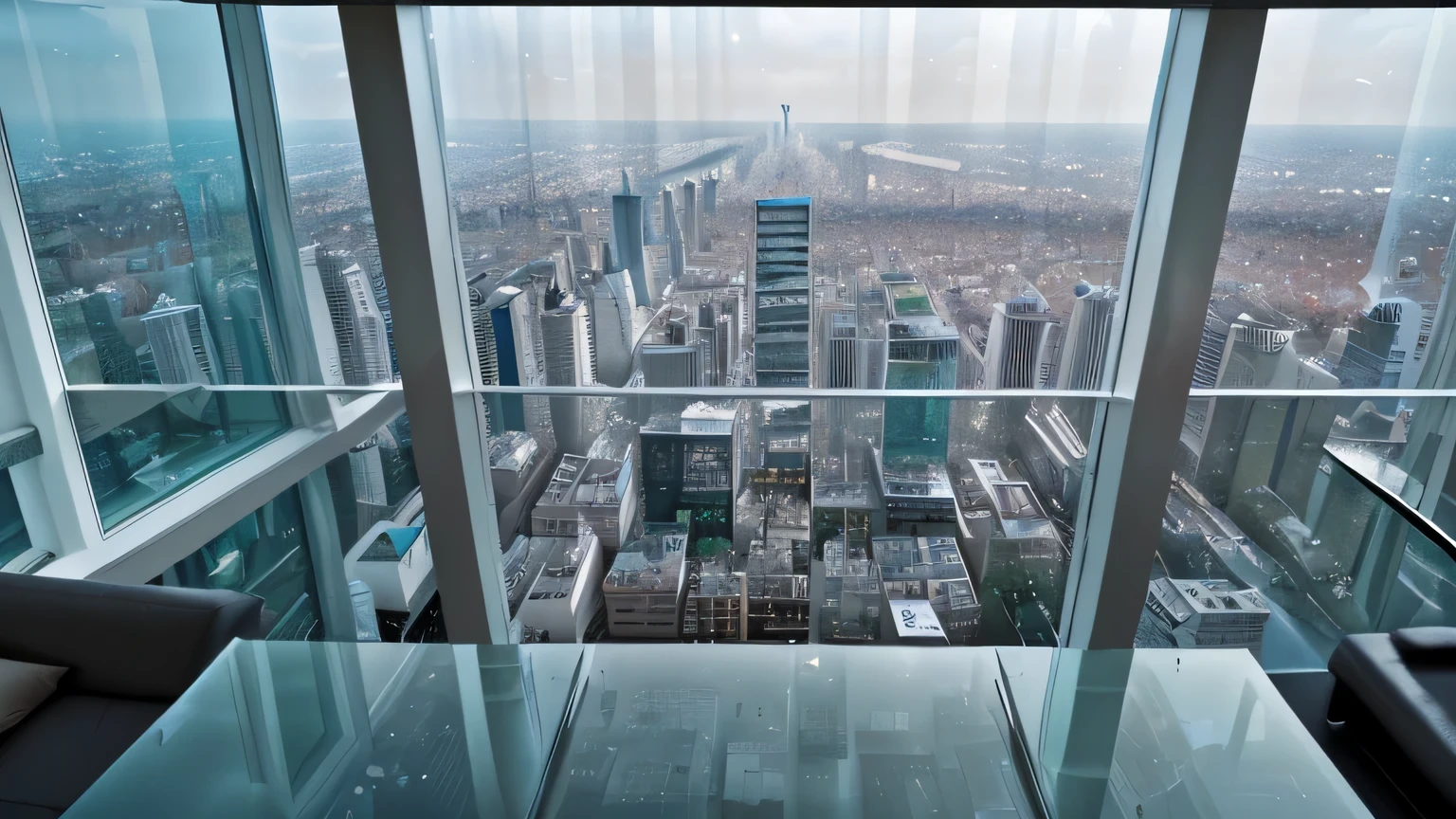 contemporary, Enjoy a panoramic view from the top、tall and sophisticated building. angle, top view, Large glass area, large area window (highest quality, High resolution, Super detailed), Steel and glass architecture, clean lines, shiny appearance, Breathtaking cityscape, minimal design, abstract shapes, abstract art, Bright colors, Natural light, night
