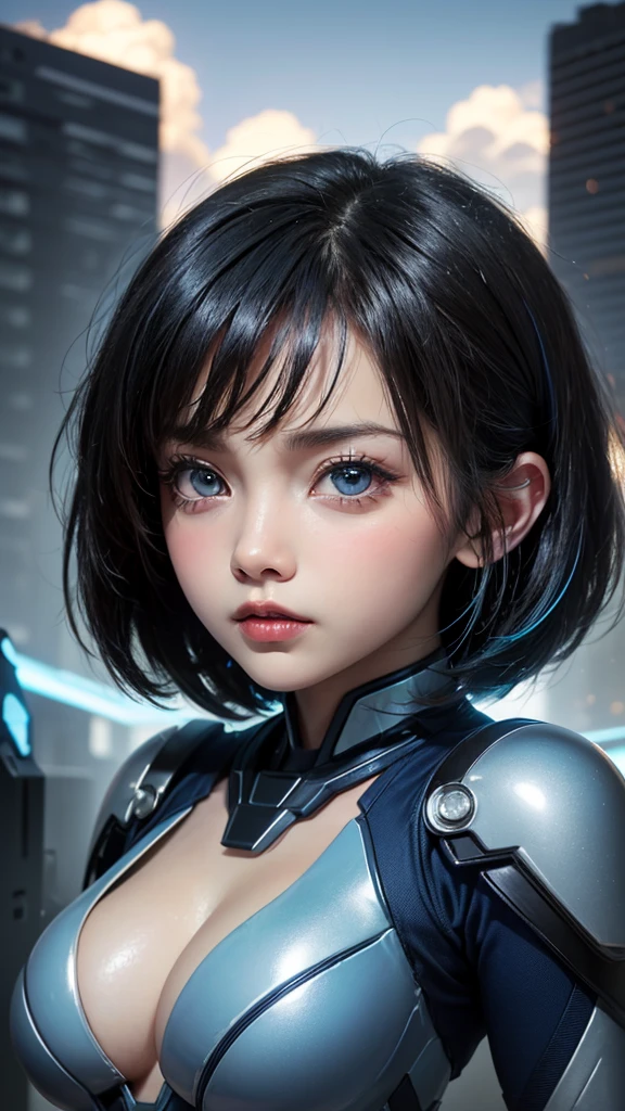 (UHD, retina, masterpiece, accurate, anatomically correct, textured skin, super detail, high details, high quality, best quality, high res, 1080P, HD, 4K, 8k, 16k), (beautiful detailed eyes, beautiful detailed lips, extremely detailed eyes and face), soft lighting, physically-based rendering, vivid colors, (large breasts:1.5), (portrait, shiny hair, shiny skin), eye reflection, (bokeh, science_fiction, sky, cloud, city, building), (bangs:1.5), semi-profile view, (blue_color, glowing_battle_suit, chibi:1.5),