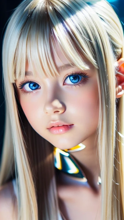 (Close-up:1.4)、(RAW shooting:1.2)、(Photorealistic:1.4)、(masterpiece:1.3)、(highest quality:1.4)、Bright expression、very beautiful blonde girl、Extraordinary blonde beauty、Detailed cute and beautiful face、Beautiful bangs above the eyes、Shiny white glossy skin、Facial hair、Bangs that reach the face、Bangs between the eyes、Super long blonde hair、Attractive bright natural platinum blonde super long straight silky hair、Thin Hair、Attractive shining beautiful bright clear light blue big eyes、White Apron、Yellow dress、eyeliner、Double eyelids、Ample Bust、Upper body、