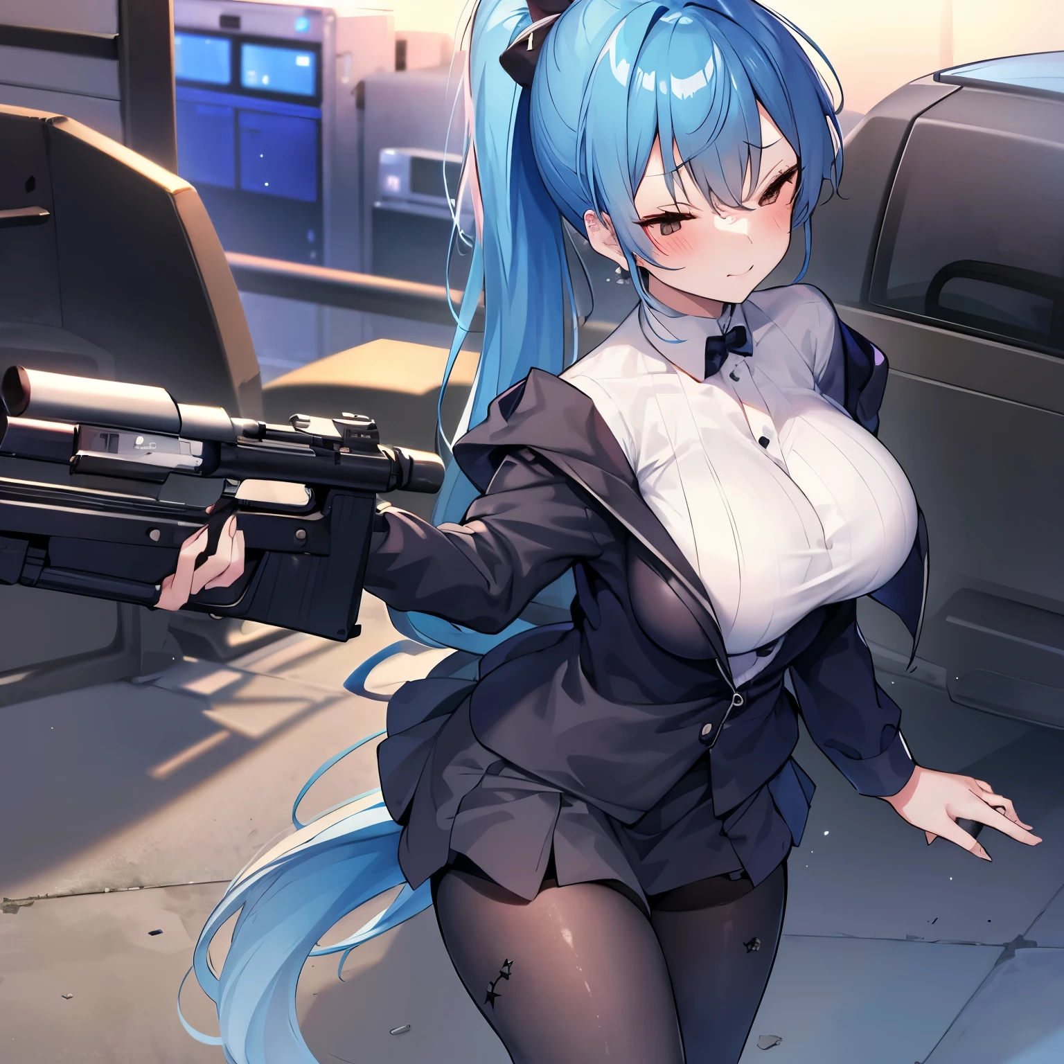 young woman shooting a gun、blue ponytail、Wearing a black suit、She&#39;s wearing a black miniskirt、Wearing tights、Big breasts and sexy