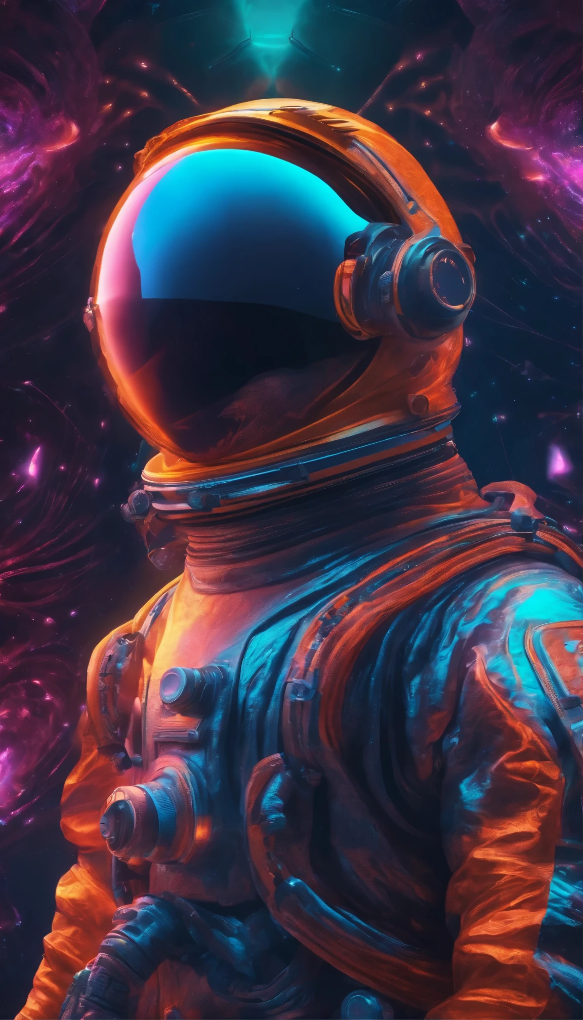 A cybernetic astronaut floats in a surreal landscape of neon fractals and glowing glyph patterns.
