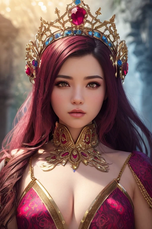 ((best quality)), ((masterpiece)), (detailed), person wearing costume, (Behance contest winner:1.2), fantasy art, crown of giant rubies, 3D goddess portrait, style of Ross Tran, captivating lighting, 8k resolution, striking facial expression, (elaborate costume details:1.3), vibrant colors, powerful presence, (ethereal glow:1.1)