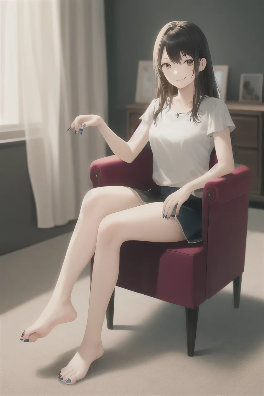 masterpiece, highest quality, High resolution, 1girl not wearing shoes、No shoes, nails on the toenails、smile, sitting, Chair
