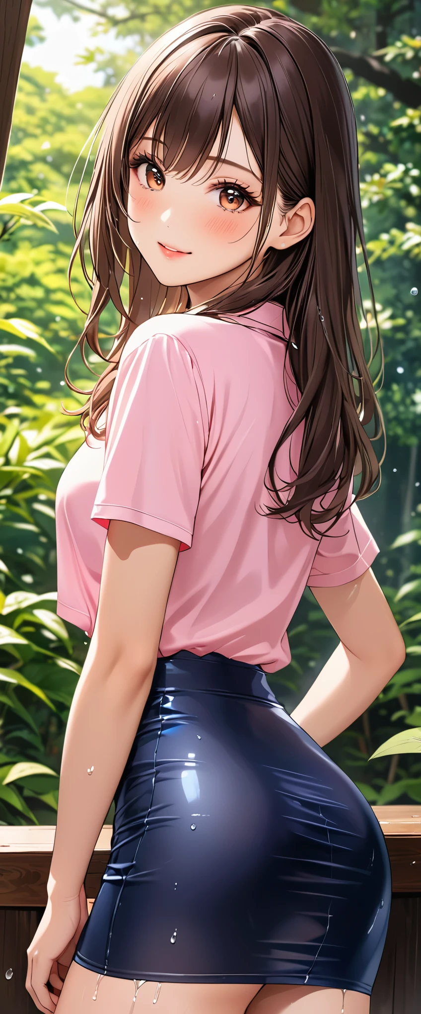 (masterpiece,highest quality,超A high resolution),japanese woman, (((Very beautiful 25 year old girl))), pretty girl、look at the photographer、 (()), super cute face, glossy lips, double eyelids in both eyes,natural smile、 natural makeup, long eyelashes, Shiny and smooth hair、center image, perfect limbs, perfect ???????,(((Tight Skirt)))、(((turn around and look back)),wet with sweat,