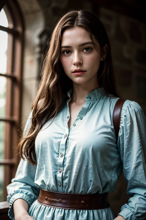 masterpiece、(((reality photograph、realistic:2)))、NSFW, super high quality、8K resolution、crystal clear、highest quality、ultra-detailed、RAW UHD format、droopy eyes、high resolution glowing eyes、Feminine body shape, redhead, highest quality, shirt, close, realistic skin texture, upper body portrait, photograph shoot, detailed facial features, Film grain texture and high contrast, Very high resolution details, photograph, realistic, 超realistic, HDR, masterpiece、Medieval European princess in a dresedieval European World、He is a master swordsman and bravely fights against the evil hordes that attack him.