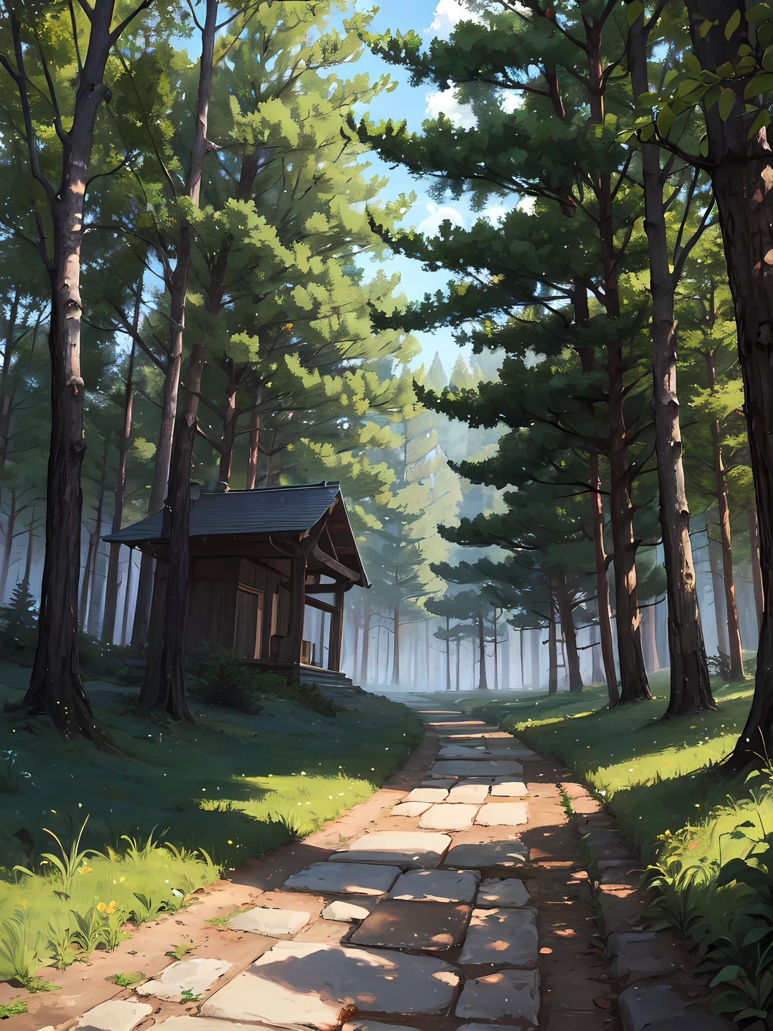 a very wide medieval stone pathway in the forest going away from the viewer