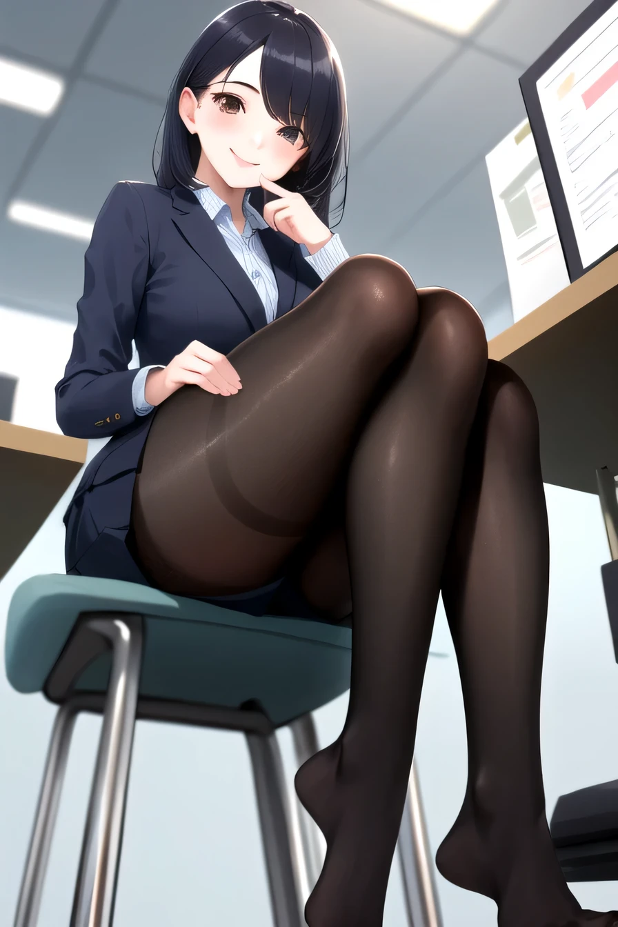 masterpiece, highest quality, High resolution, 1 girl、I&#39;m not wearing shoes、No shoes、sitting, office lady、smile、knee length skirt、black tights
