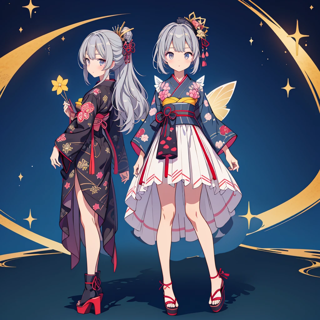 highest quality、8K,handsome face、vtuber-halfbody、A picture of the front straight towards the viewer、Star Fairy、Full body front portrait、front、1girl,highest quality、masterpiece、official art、Super detailed、super beautiful、Cute Star Fairy、Gray hair straight long、Milky Way、universe、star charm、star、、Knee-high boots、Japanese pattern dress、A beautiful girl wearing black and white clothes that are a remake of a yukata.、Oiran frill dress reminiscent of universe、