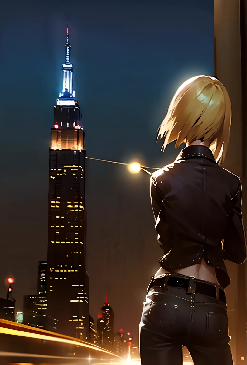 （Parasite Eve（Aya Brea Blonde short hair　Leather jacket　jeans））（backgroundAmerican Townscape　Empire State Building　Beautiful lights at night）