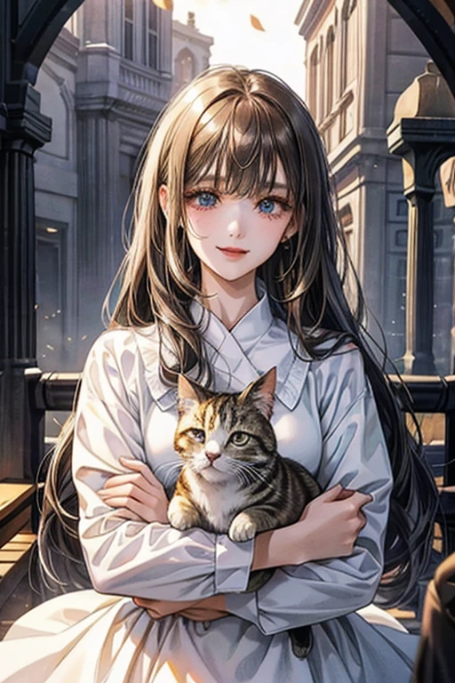 droopy eyes、smile、17 year old female、straight hair、((long hair girl))、Girl with bangs、detailed face、cute face、((best image quality))、mole、white shirt、white blouse、ribbon、hair arrangement、half up、simple background、stand、stand女の子、まっすぐstand、1 girl、pink eyes、kind face、gentle color、brown hair、
duck mouth、cat's mouth