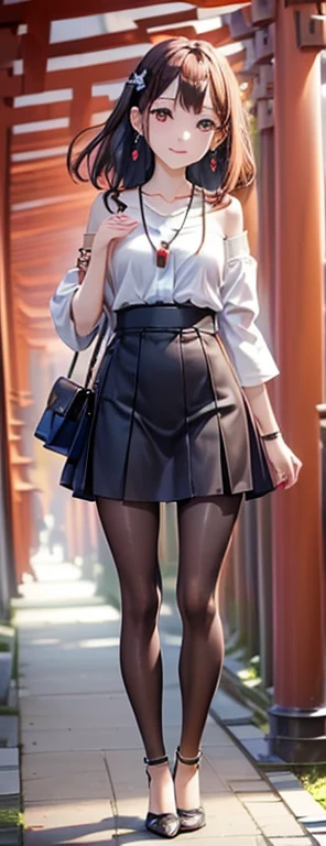 masterpiece、((focus on the face))、(full body shot、Full body photo including face)、((Symmetrical facial features))、OL、Eyes of minute description、beautiful girl、outstanding style、slender body、(small ass、thin thighs)、smiling、below knee length skirt、pantyhose、(high heels、anklets of the same color)、Photo showing the whole body、one handbag in one hand、head to toe photo、Please describe the face in detail、small earrings、necklace、Walking inside the Senbon Torii gates of Fushimi Inari Taisha Shrine、high angle、The subject is far away、shallow depth of field、wide angle focal length、Non-sleeved dress、Looking back、upward glance、