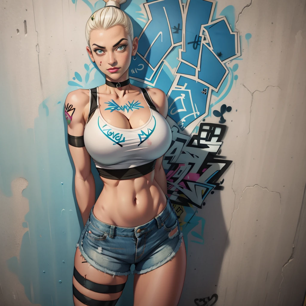 masterpiece, best quality, 1girl, solo, crop top, ((cleavage:1.3)), denim shorts, choker, (Wall graffiti:1.5), paint splatter, arms behind back, against wall, looking at viewer, armband, thigh strap, curvy toned body, head tilt, bored, short Mohawk hairstyle, aqua eyes