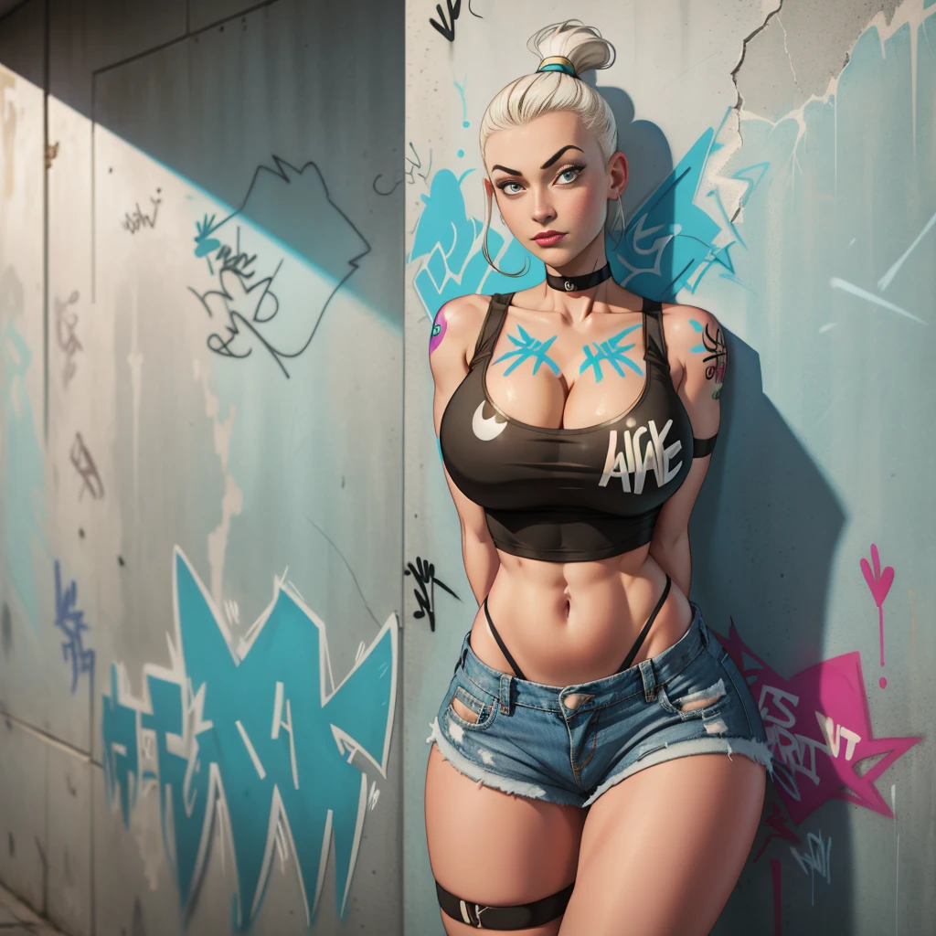 masterpiece, best quality, 1girl, solo, crop top, ((cleavage:1.3)), denim shorts, choker, (Wall graffiti:1.5), paint splatter, arms behind back, against wall, looking at viewer, armband, thigh strap, curvy toned body, head tilt, bored, short Mohawk hairstyle, aqua eyes