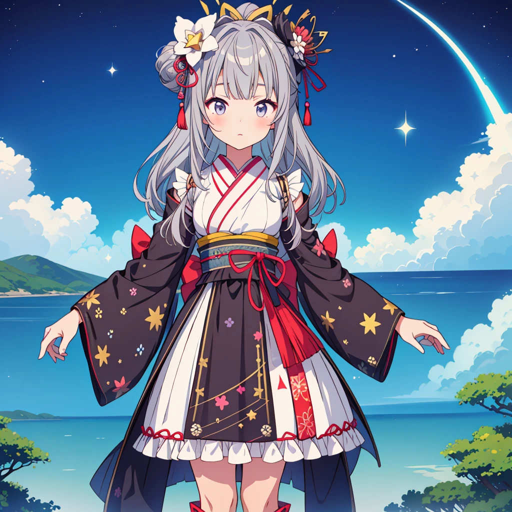 highest quality、8K,handsome face、vtuber-halfbody、A picture of the front straight towards the viewer、Star Fairy、Full body front portrait、front、1girl,highest quality、masterpiece、official art、Super detailed、super beautiful、Cute Star Fairy、Gray hair straight long、Milky Way、universe、star charm、star、baby face、Knee-high boots、Japanese pattern dress、A beautiful girl wearing black and white clothes that are a remake of a yukata.、Oiran frill dress reminiscent of universe、