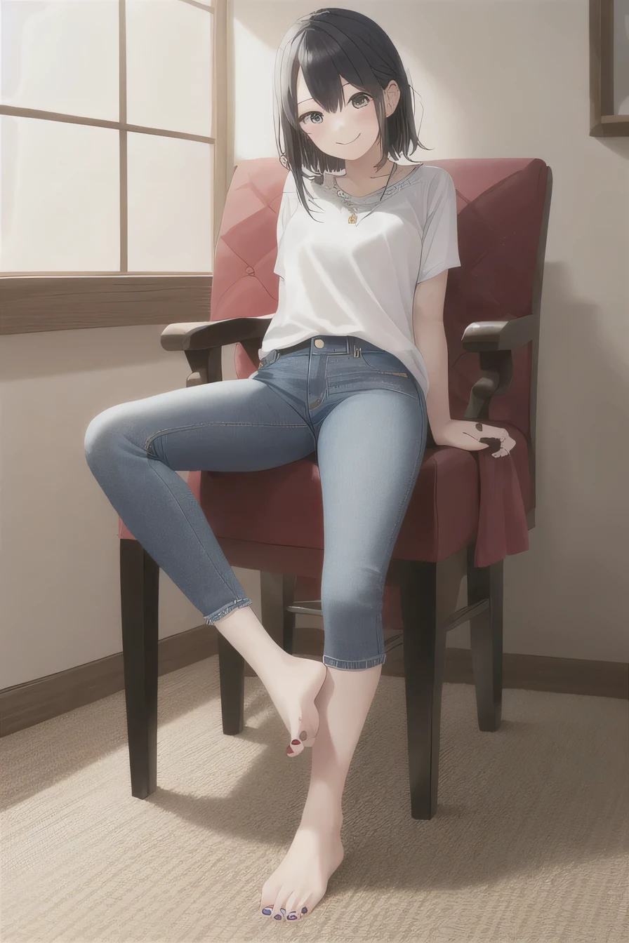 masterpiece, highest quality, High resolution, 1. A girl without shoes、I don&#39;t have shoes, Nails on the toenails、Burausu、skinny denim、、smile, sitting, Chair
