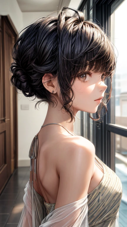 (masterpiece), (highest quality), {girl|lady}, looking at the viewer, {Day|night}, {indoors|outdoor}, {Natural wave short hair|shaggy cut|long bold side bangs|curly hair|neat ponytail|sophisticated pixie cut|High top knot with twisted braid|voluminous updo|undercut}