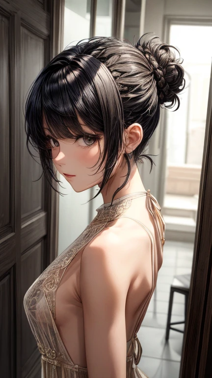 (masterpiece), (highest quality), {girl|lady}, looking at the viewer, {Day|night}, {indoors|outdoor}, {Natural wave short hair|shaggy cut|long bold side bangs|curly hair|neat ponytail|sophisticated pixie cut|High top knot with twisted braid|voluminous updo|undercut}