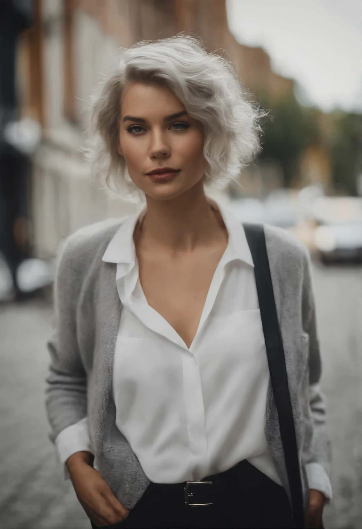 Beautiful 20 year old white woman, kurzes silbernes Haar, walking down the street, wear black jeans and a plain white shirt
