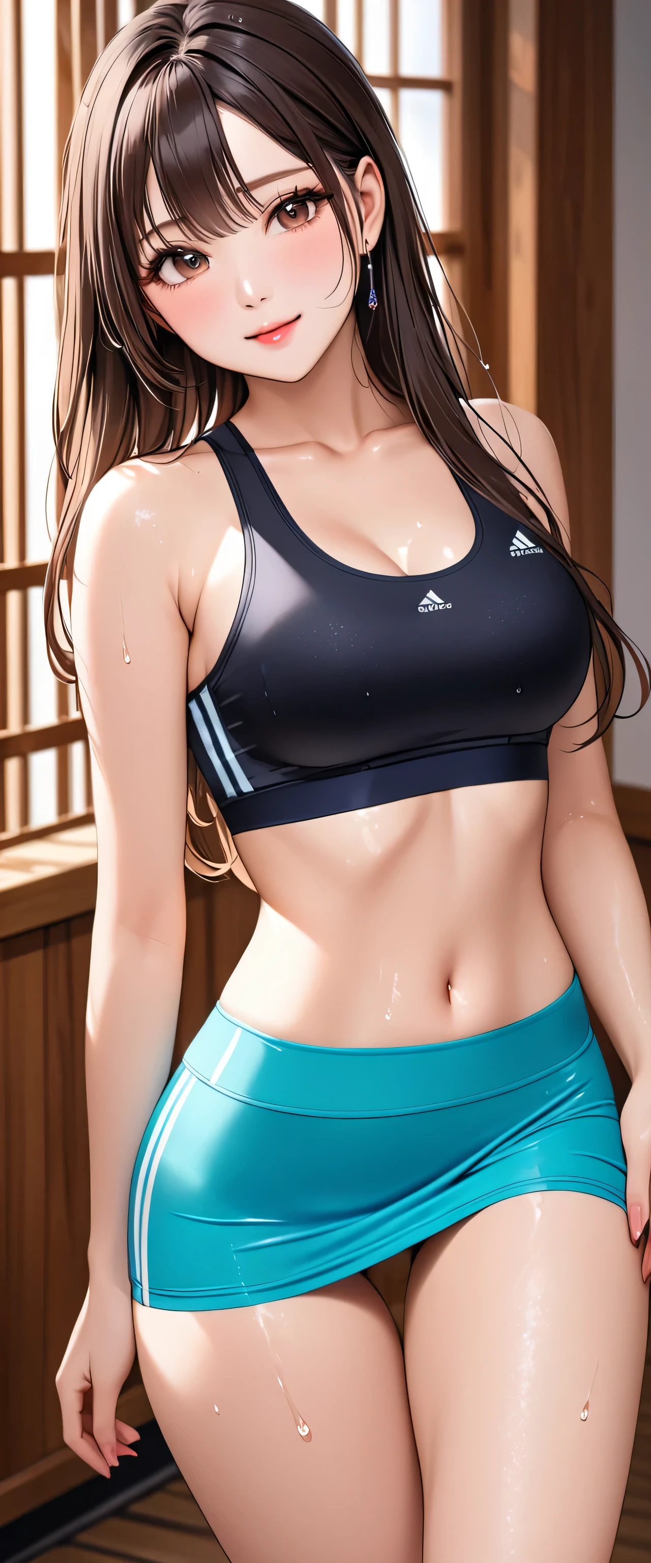 (masterpiece,highest quality,超A high resolution),japanese woman, (((Very beautiful 25 year old girl))), pretty girl、look at the photographer、 (()), super cute face, glossy lips, double eyelids in both eyes,natural smile、 natural makeup, long eyelashes, Shiny and smooth hair、center image, perfect limbs, perfect anatomy,(((Tight Skirt)))、(((turn around and look back)),wet with sweat,((sports bra))