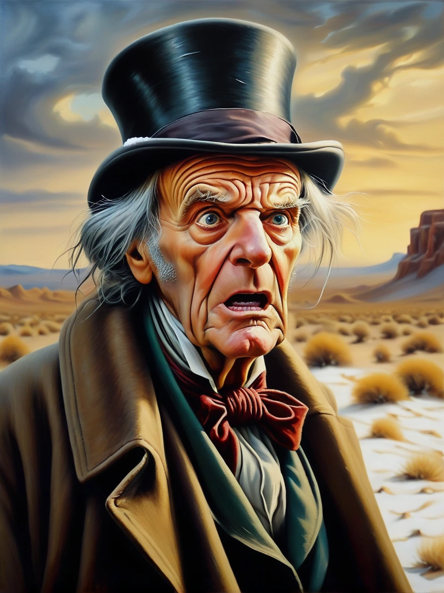 Ebenezer Scrooge with a surprised expression, with background a cold winter in the desert, photo realistic oil on canvas painting, surreal cinematic fantasy style