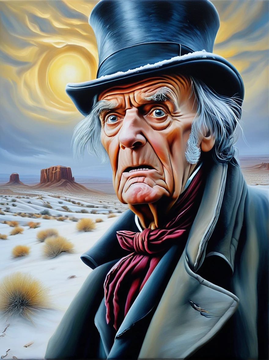 Ebenezer Scrooge with a surprised expression, with background a cold winter in the desert, photo realistic oil on canvas painting, surreal cinematic fantasy style