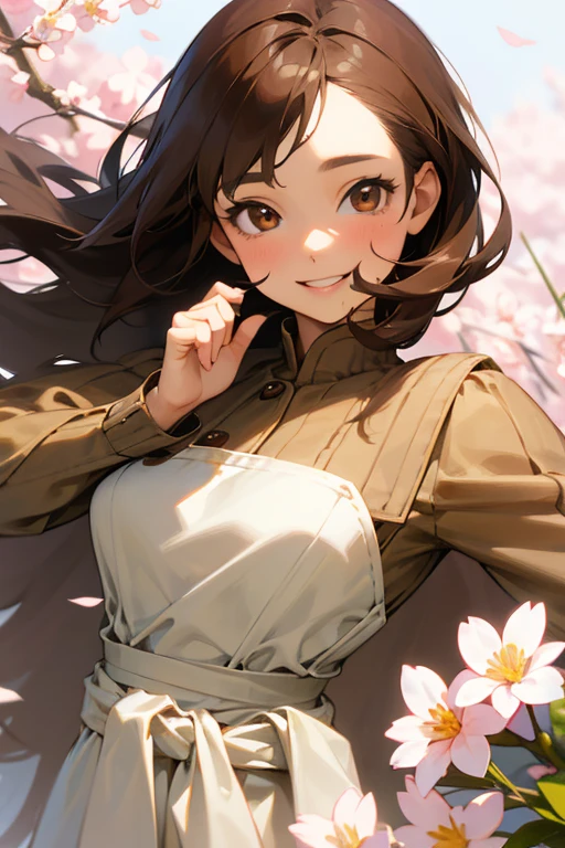 highest quality, work, (realistic: 1,2), 1 girl, brown hair, brown eyes, front, detailed face, beautiful eyes、smile gently、toothy smile、Spring clothes、from the waist up、