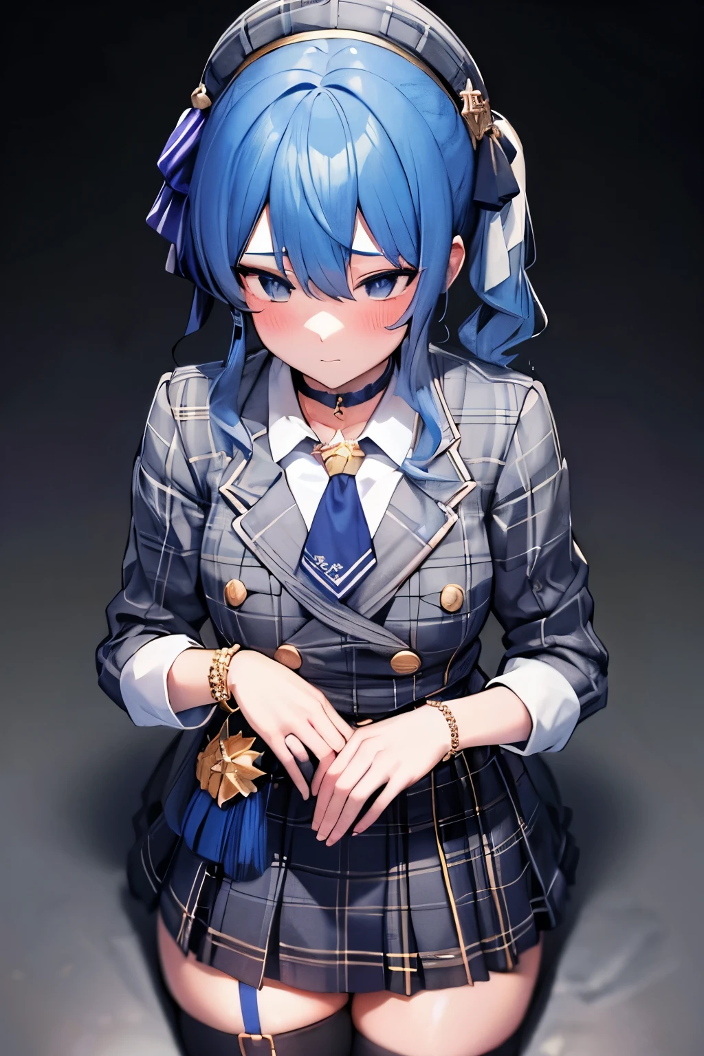 8k,best quality,masterpiece, highest quality, High resolution, SUI1, 1 girl, alone, side ponytail, hoshimachi suisei, small tit,slender, fingerless gloves, single thigh high, jewelry, single socks, thigh strap, bracelet, blue socks, button, single knee high, plaid dress, blue choker, blue belt, plaid skirt, mini crown, gray skirt, blue ascot, long sleeve, Plaid jacket, cowboy shot, perfect finger, blush, face down,（prostration） ,dogeza,