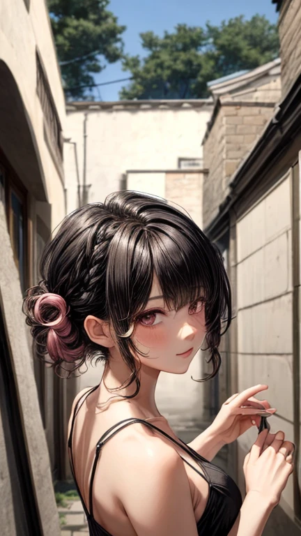 (masterpiece), (highest quality), {girl|lady}, looking at the viewer, {Day|night}, {indoors|outdoor}, {Natural wave short hair|shaggy cut|long bold side bangs|curly hair|neat ponytail|sophisticated pixie cut|High top knot with twisted braid|voluminous updo|undercut|pink eyes}
