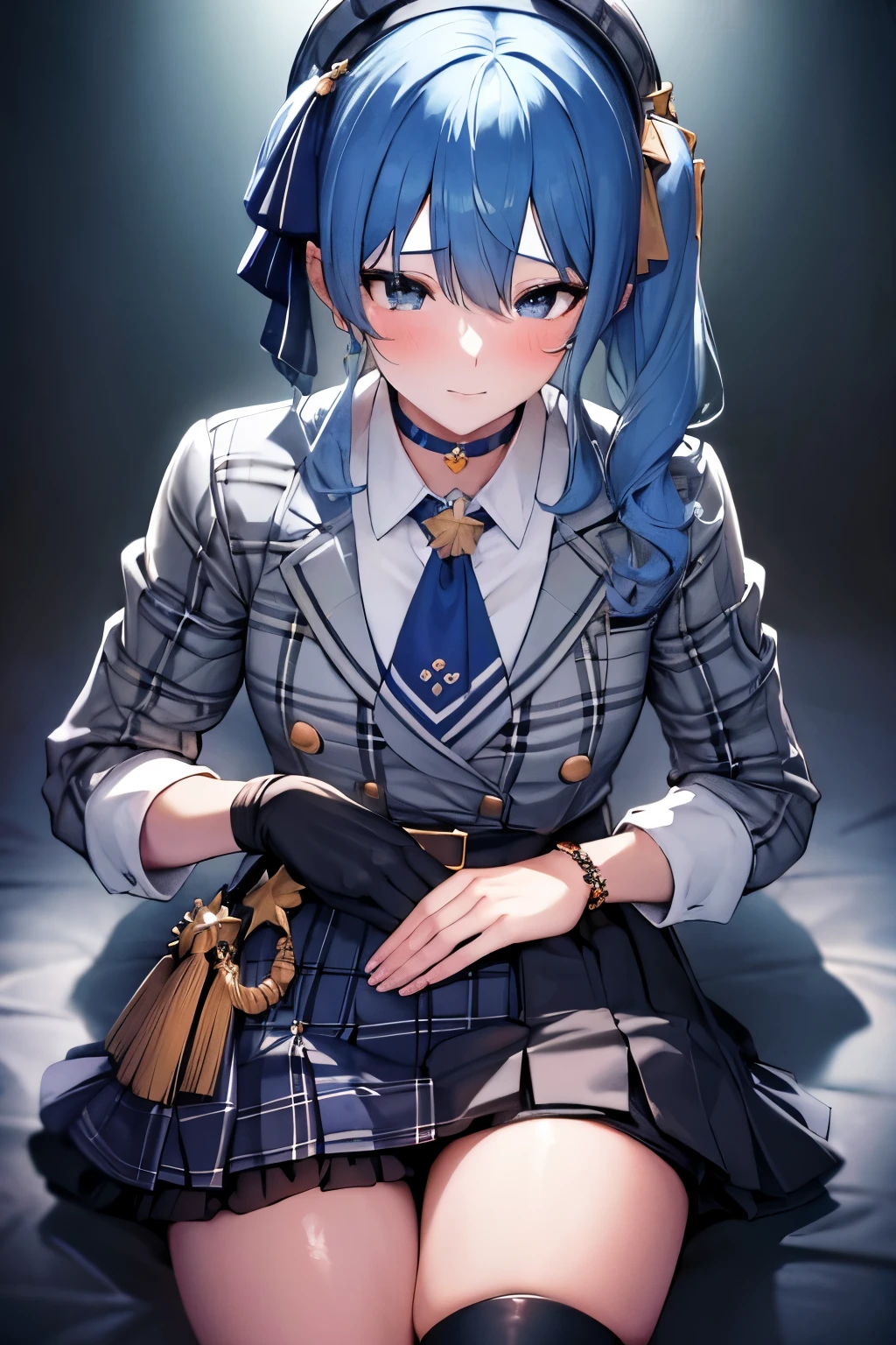 8k,best quality,masterpiece, highest quality, High resolution, SUI1, 1 girl, alone, side ponytail, hoshimachi suisei, small tit,slender, fingerless gloves, single thigh high, jewelry, single socks, thigh strap, bracelet, blue socks, button, single knee high, plaid dress, blue choker, blue belt, plaid skirt, mini crown, gray skirt, blue ascot, long sleeve, Plaid jacket, cowboy shot, perfect finger, blush, face down,（prostration） ,dogeza,