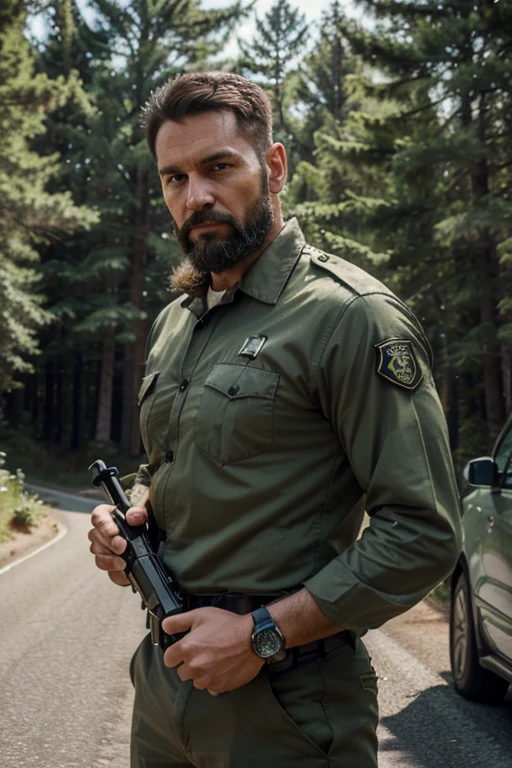 Hyper realistic cinematic shot of tall and masculine security guard, around 40 years old, with a beard and strong build. He has kind eyes and a slight smile, exuding an aura of a protector. He is wearing a khaki uniform without any logos and is holding a service weapon.  A high resolution, photo, lock focus,  The background features a road with a pine forest on both sides,  shot with Sony Alpha A6500 1.4f, bokeh, highly detailed, masterpiece, dynamic lighting, highest details, extremly high detail、ultra - detailed、the detail、Genuine skin、exquisite facial features、prone to positive emotions