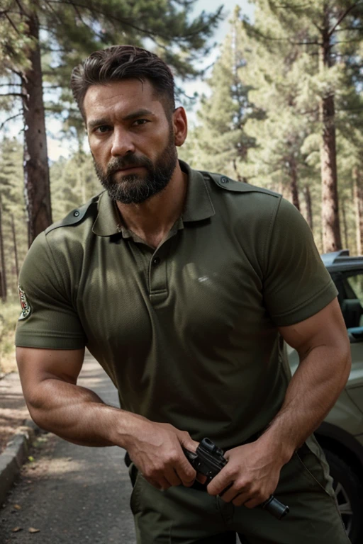 Hyper realistic cinematic shot of tall and masculine security guard, around 40 years old, with a beard and strong build. He has kind eyes and a slight smile, exuding an aura of a protector. He is wearing a khaki uniform without any logos and is holding a service weapon. A high resolution, photo, lock focus, The background features a road with a pine forest on both sides, shot with Sony Alpha A6500 1.4f, bokeh, highly detailed, masterpiece, dynamic lighting, highest details, extremly high detail、ultra - detailed、the detail、Genuine skin、exquisite facial features、prone to positive emotions