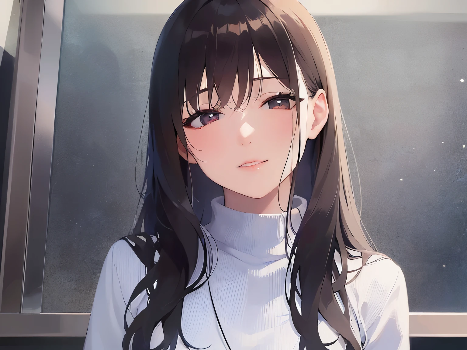 (own hands together:1.2), head tilt、Biologically correct five fingers、Upper Body, Realistic, real person, (pale skin: 1.2), RAW photo, photorealistic, portrait photography, shiny skin, japanese idol、shiny hair、(25 year old woman with medium hair with bangs) and (wavy hair) and (brown hair) and (closed eyes:1.5) , (business suit:1.5) and (White turtleneck top) 、smile, The background is the office front desk.、Alone、Are standing