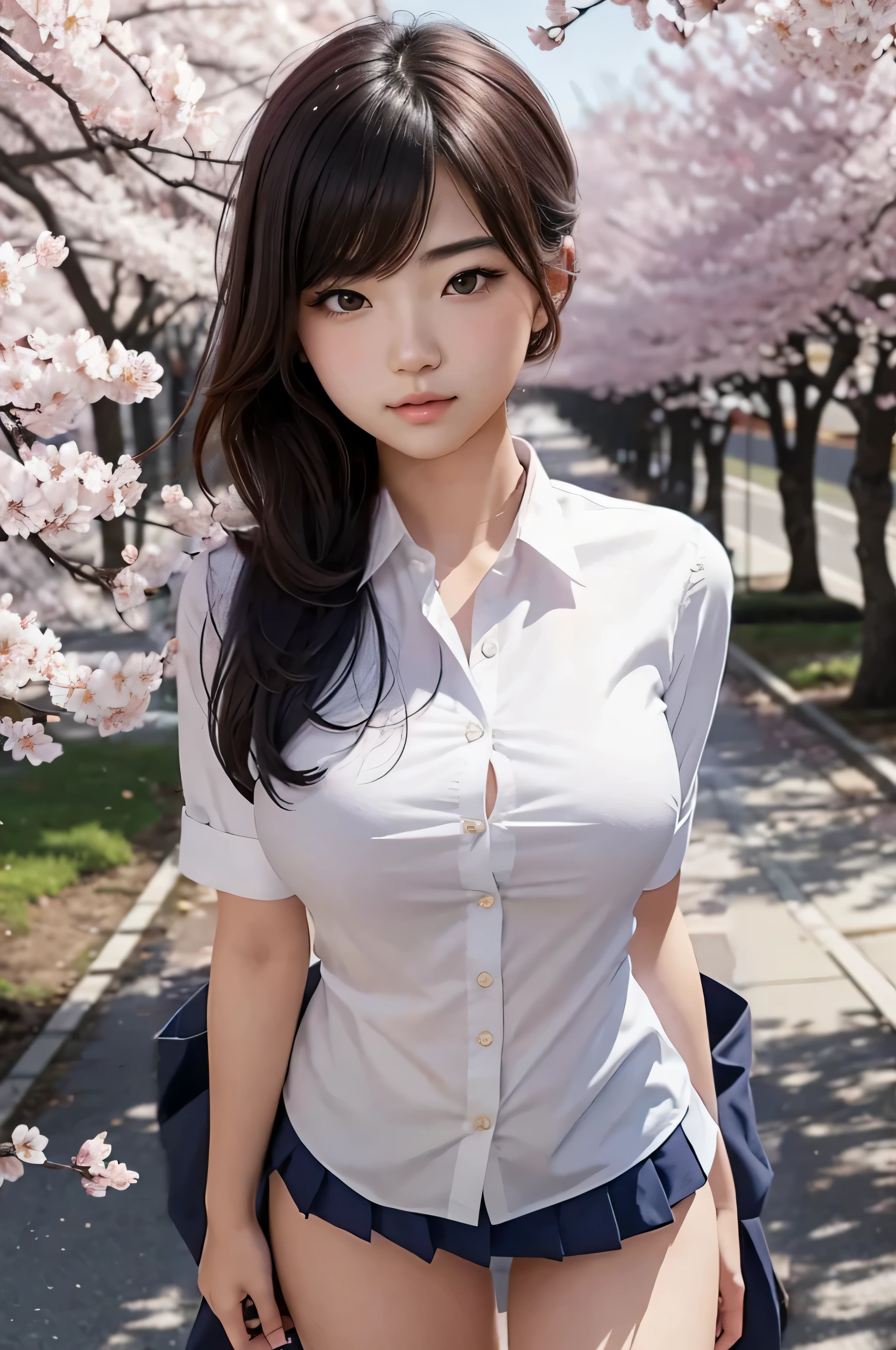 Busty high school girl, 18 years old, wearing a dress shirt and navy blue miniskirt uniform.
