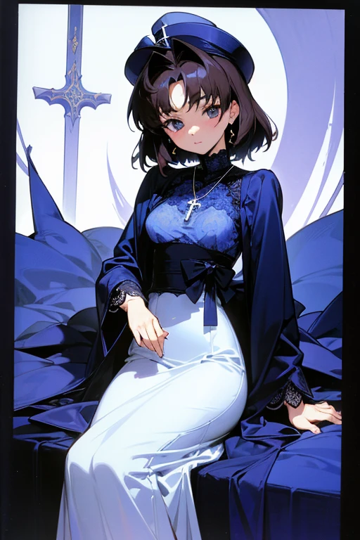 Akina Nakamori、Blue lace dress、25 years old、Beautiful woman、sexy、White cross necklace on chest、gothic style、miniature small hat、Sharp and cute、Beautiful woman、Upper grade