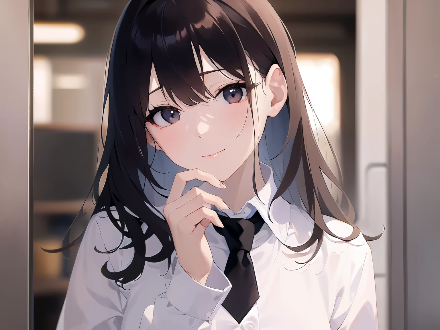 (own hands together:1.2), head tilt、Biologically correct five fingers、Upper Body, Realistic, real person, (pale skin: 1.2), RAW photo, photorealistic, portrait photography, shiny skin, japanese idol、shiny hair、(25 year old woman with medium hair with bangs) and (wavy hair) and (brown hair) and (closed eyes:1.5) , (business suit:1.5) and (White turtleneck top) 、smile, The background is the office front desk.、Alone、Are standing