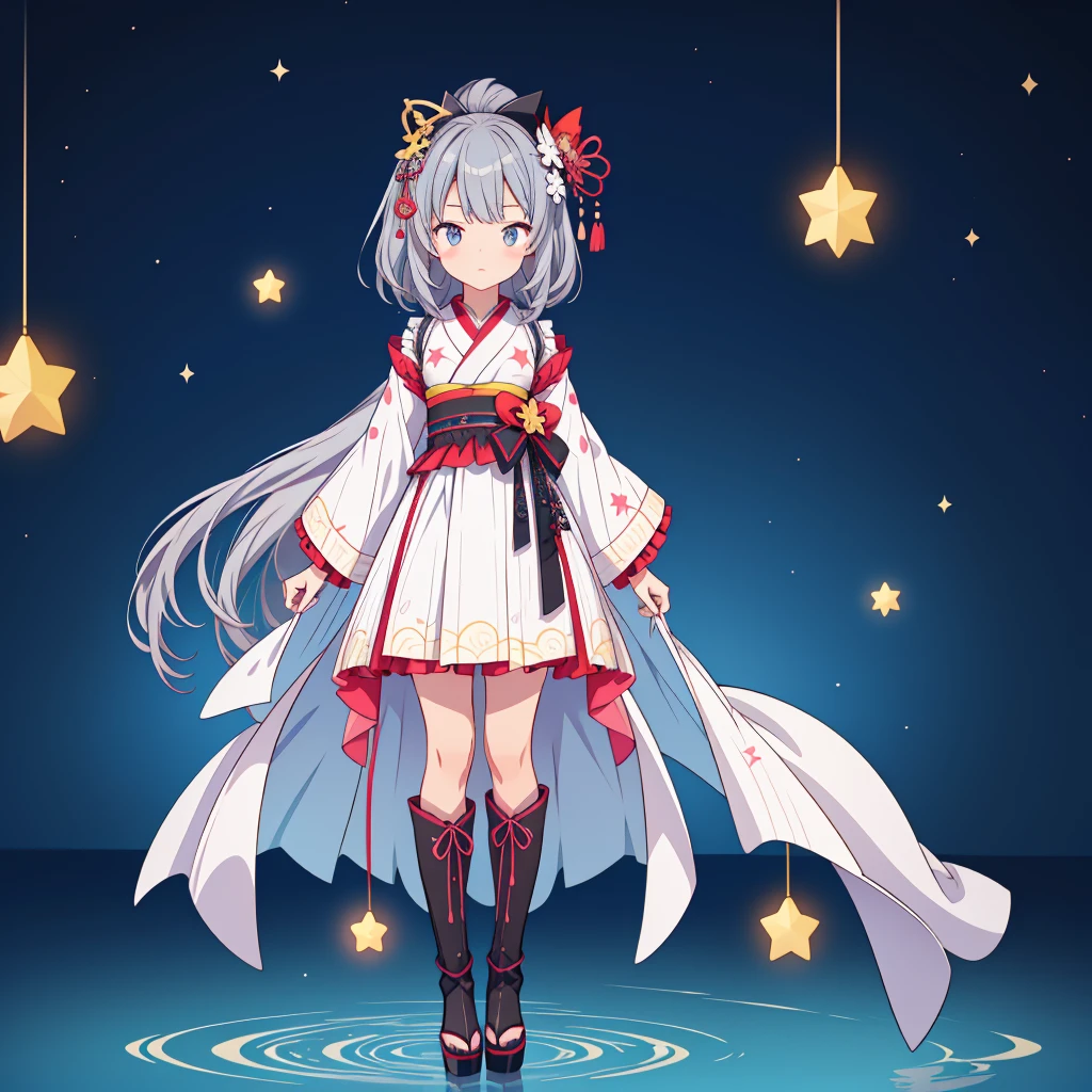 highest quality、８K,handsome face、vtuber-halfbody、A picture of the front straight towards the viewer、Star Fairy、Full body front portrait、front、1girl,highest quality、masterpiece、official art、Super detailed、super beautiful、Cute Star Fairy、Gray hair straight long、Milky Way、universe、star charm、star、baby face、Knee-high boots、Japanese pattern dress、A beautiful girl wearing black and white clothes that are a remake of a yukata.、Oiran frill dress reminiscent of universe、