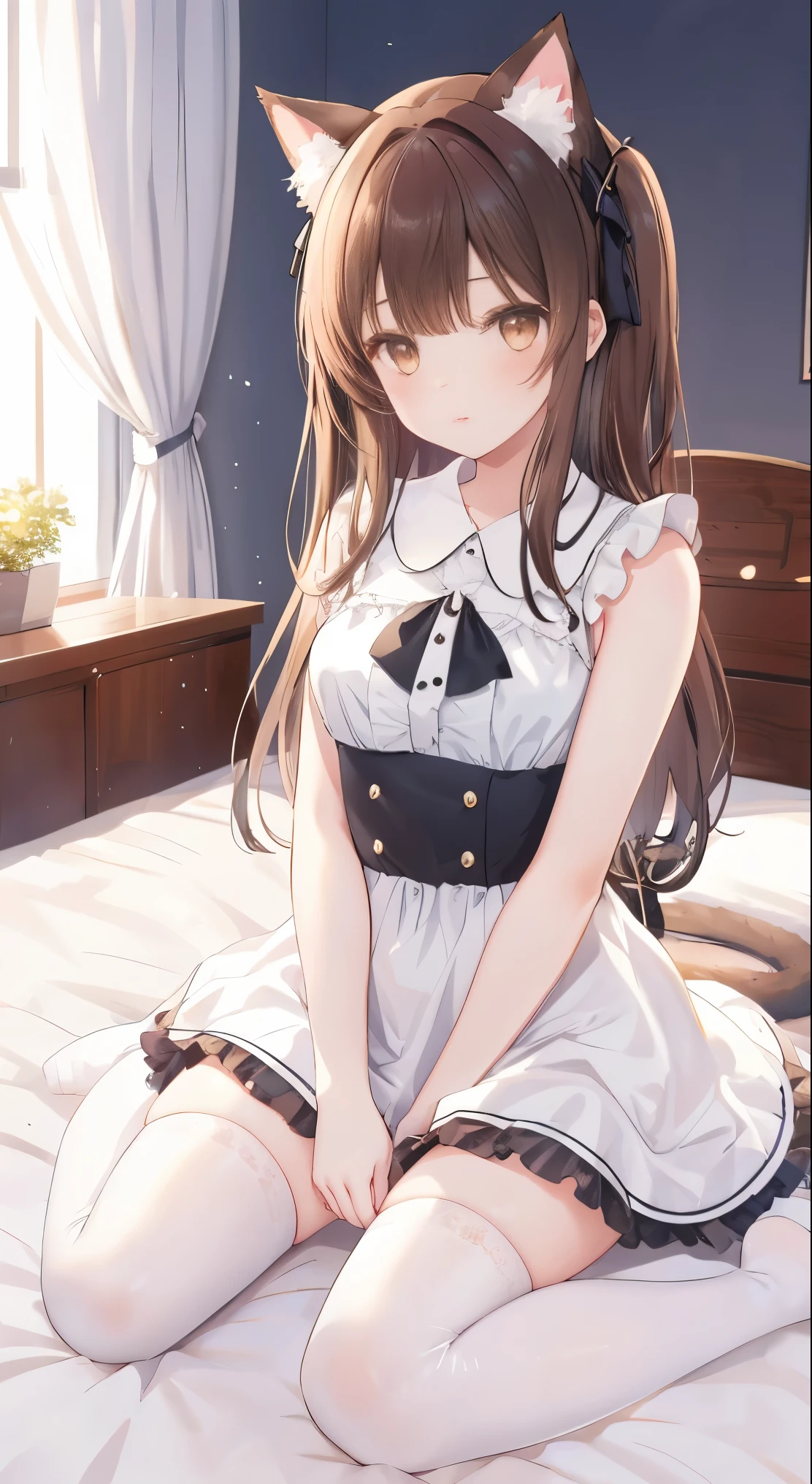  1girl, solo, long hair, breasts, looking at viewer, bangs, brown hair, thighhighs, dress, animal ears, brown eyes, sitting, closed mouth, full body, frills, sleeveless, indoors, cat ears, white dress, blurry, white thighhighs, lips, pillow, bed, blurry background, fake animal ears, on bed, wariza, stuffed toy, between legs, realistic, bedroom