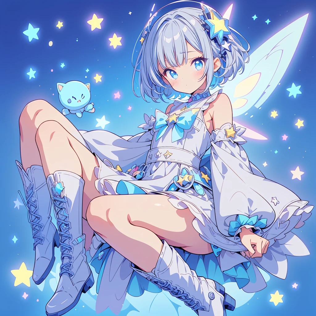 Star Fairy、cyber punk、simple background、kawaiitech,Star Fairy、Full body front portrait、front、1 girl、highest quality、masterpiece、official art、Super fine、super beautiful、Cute Star Fairy、gray hair、straight short hair、milky way、universe、star charm、star、、Knee-high boots、