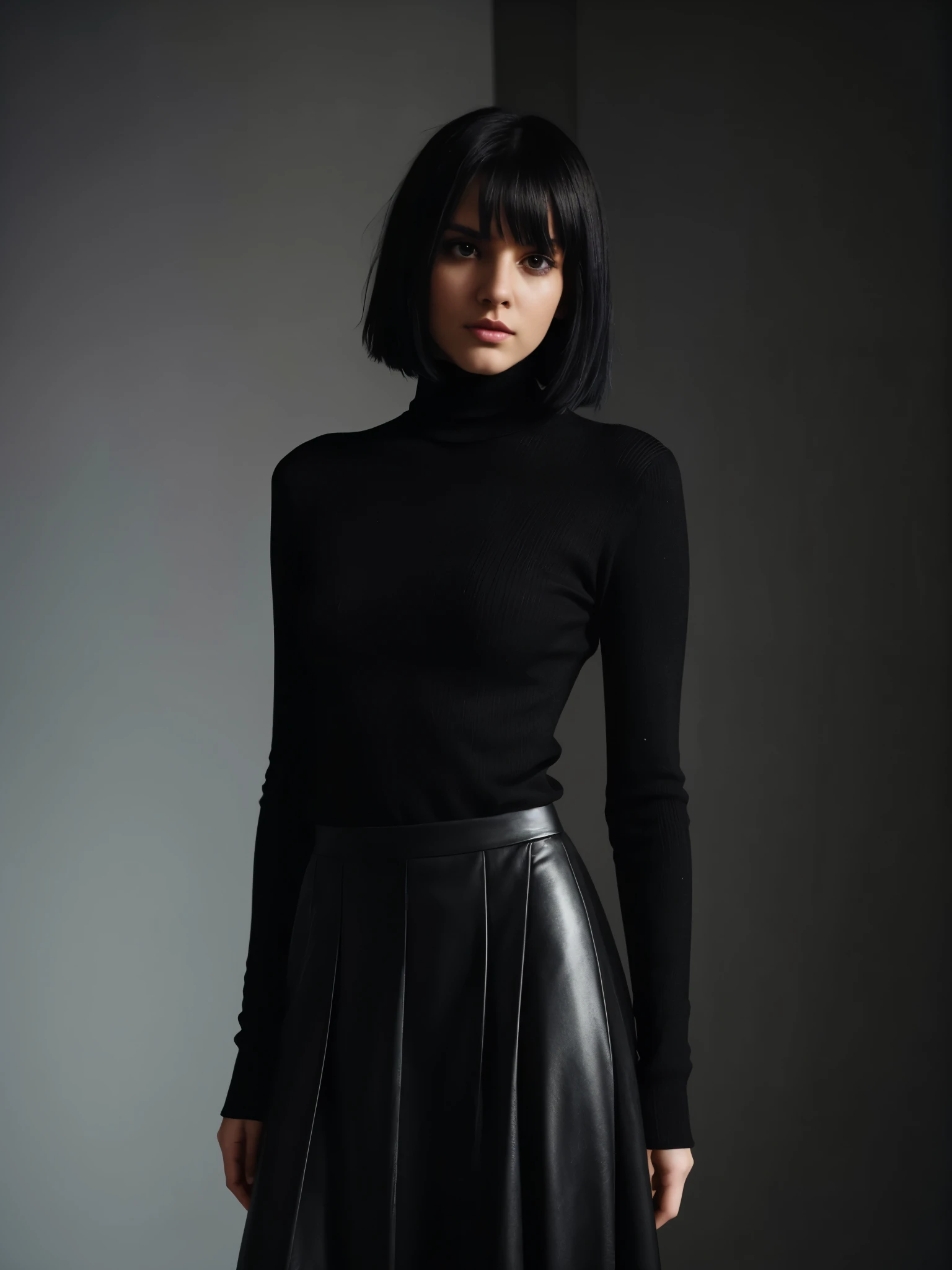 Magazine style photo of a young woman with black messy bob hair wearing a black turtleneck and black long skirt inspired by Armani and Céline, indirect lighting, studio portrait, dark plain background, dynamic pose, beautiful body, 160 cm 50 kg, Soho, shot on Kodak Colorplus 200, film photography, f1.8 50mm lens