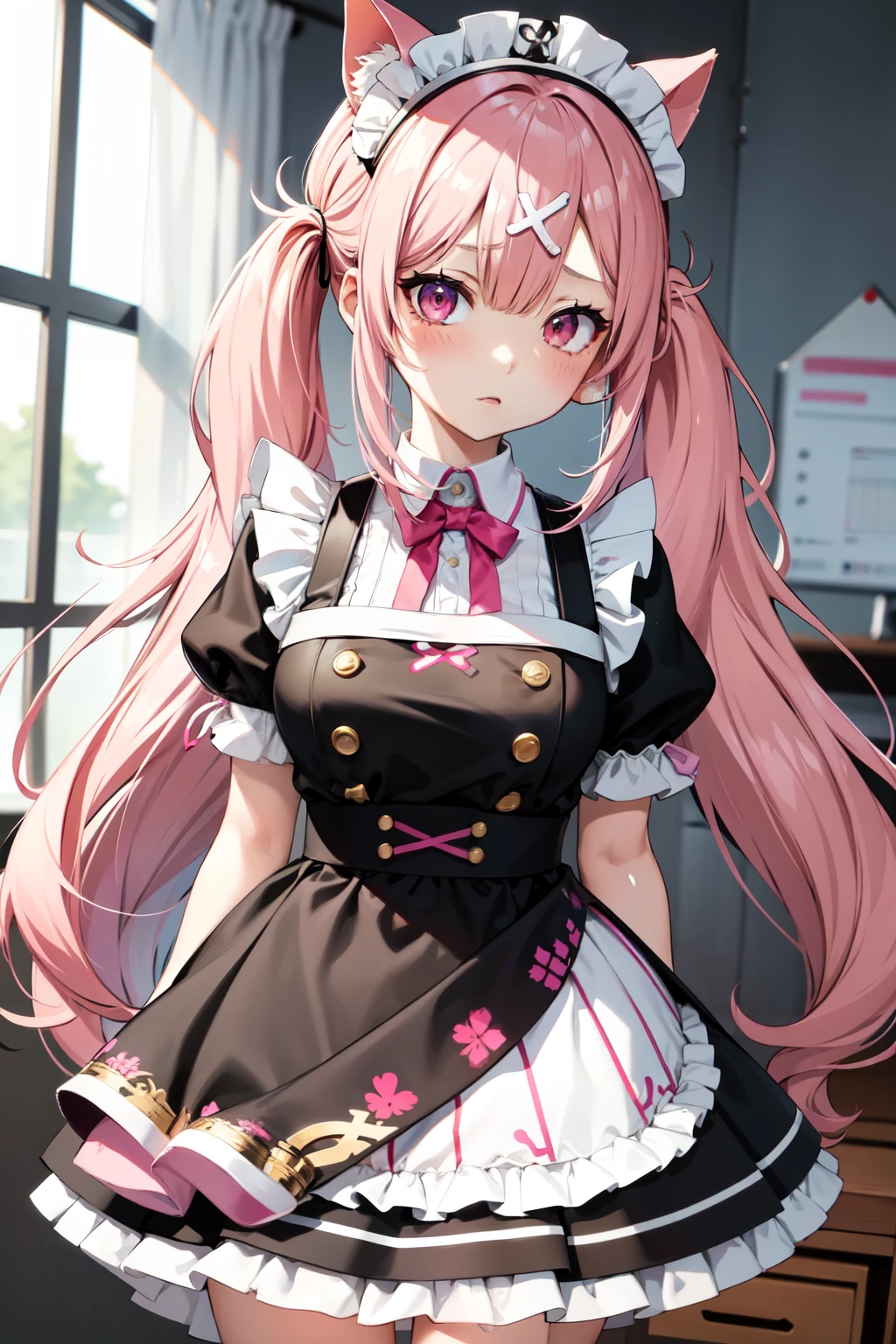 1 girl ,anime style, masterpiece ,superfine res○luti○n, Complex ,  straight-○n , c○mplex quality suk○ya kana , pink hair, pink eyes, twin tails,l○ng hair, x hair ○rnament ,maid ○utfit , ○pen m○uth , :○ , dizzy , tired