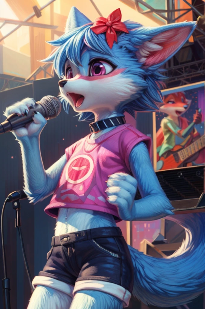 Furry art, beautiful furry art, foxes, (blue fur), female, small, skinny, slim, cute, pink eyes, wearing fashion clothes, sibling twins foxes, anthro, singing with passion, open mouth, abstracted stage background, vivid colors, (pixelsketcher illustration), hioshiru syuro artstyle, 