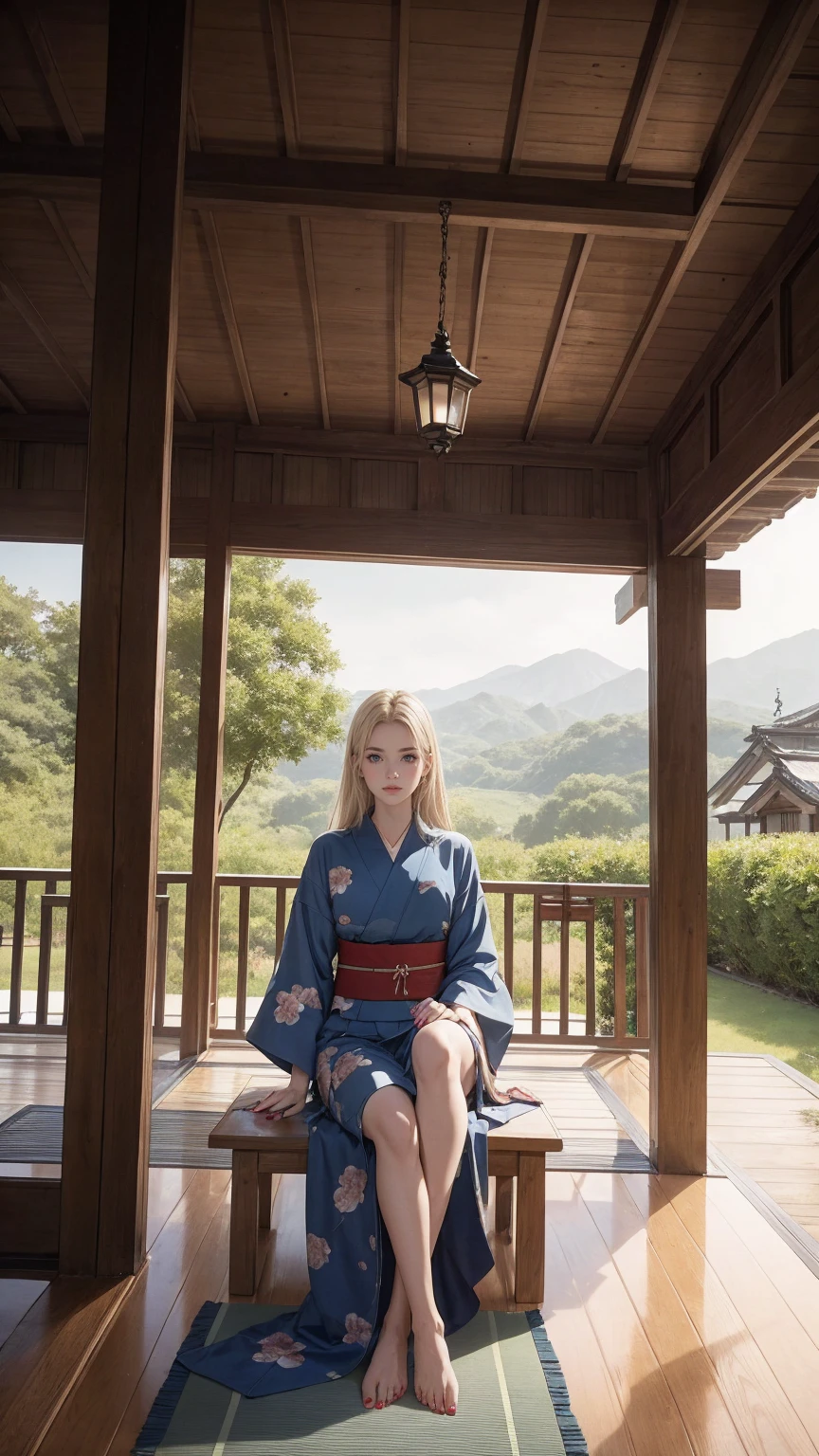 ((最high quality, 8K, masterpiece: 1.3, Ultra HD, high quality, 最high quality, High resolution, realism)) 、22 year old beautiful white woman、Hair color blonde、blue eyeedium hair、straight hair、smile、Slender but well-proportioned muscular body、Athlete-like body type、I don&#39;t want my head to disappear from the screen.、Wearing accessories on your wrist、Wearing red nail polish、I have a peticure、Sitting on the veranda of a Japanese house in the Japanese countryside、It&#39;s summer、A wind chime is hung in front of the eaves.、barefoot、Fanning oneself、A courtyard spreads out in front of the verandah.、wear a yukata