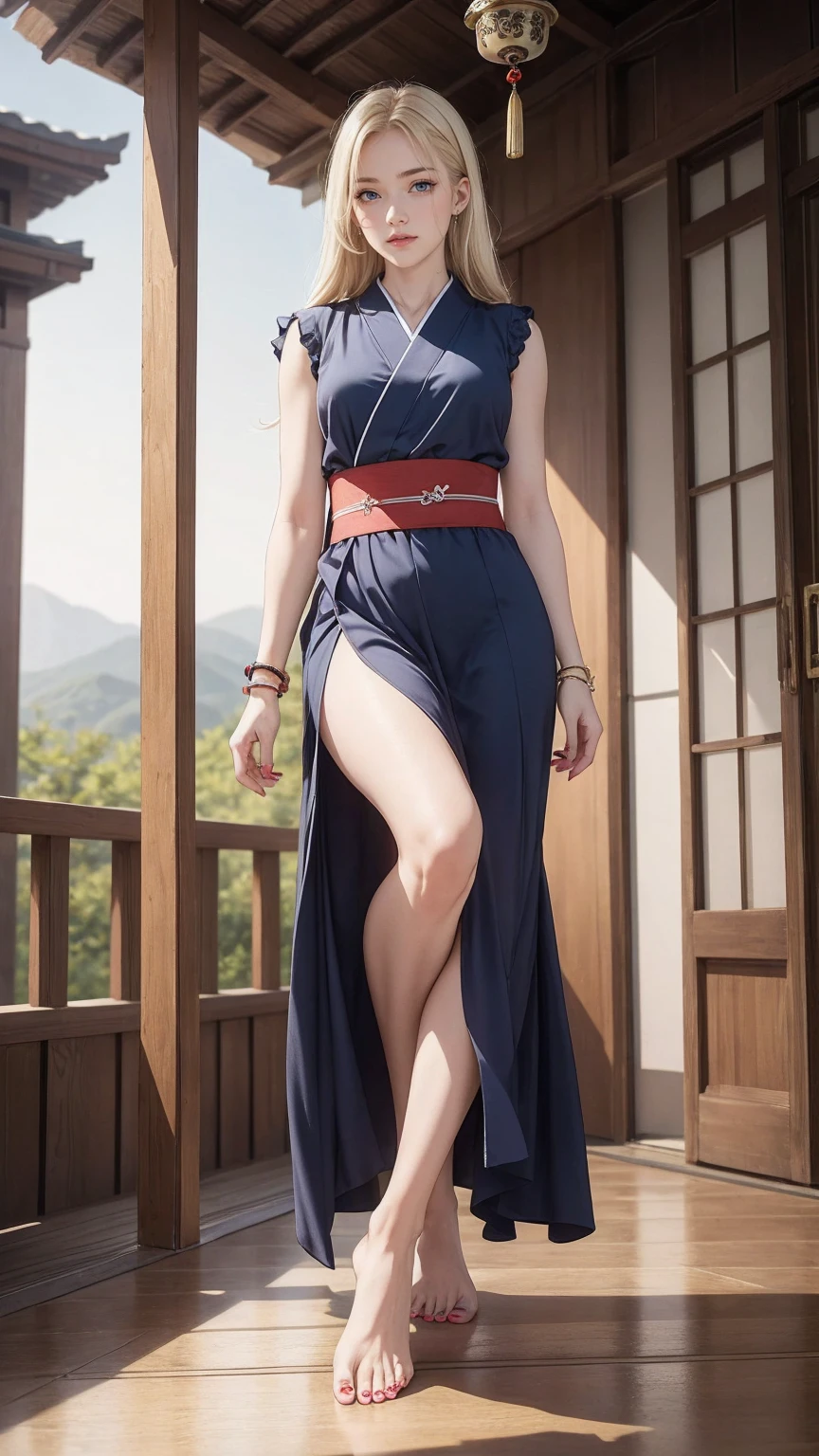 ((最high quality, 8K, masterpiece: 1.3, Ultra HD, high quality, 最high quality, High resolution, realism)) 、22 year old beautiful white woman、Hair color blonde、blue eyeedium hair、straight hair、smile、Slender but well-proportioned muscular body、Athlete-like body type、I don't want my head to disappear from the screen.、Wearing accessories on your wrist、Wearing red nail polish、I have a peticure、Sitting on the veranda of a Japanese house in the Japanese countryside、It's summer、A wind chime is hung in front of the eaves.、barefoot、Fanning oneself、A courtyard spreads out in front of the verandah.、wear a yukata