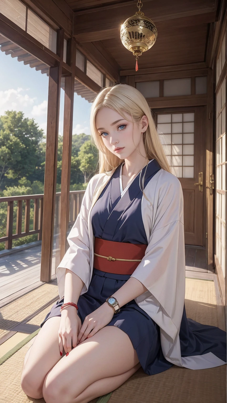 ((最high quality, 8K, masterpiece: 1.3, Ultra HD, high quality, 最high quality, High resolution, realism)) 、22 year old beautiful white woman、Hair color blonde、blue eyeedium hair、straight hair、smile、Slender but well-proportioned muscular body、Athlete-like body type、I don't want my head to disappear from the screen.、Wearing accessories on your wrist、Wearing red nail polish、I have a peticure、Sitting on the veranda of a Japanese house in the Japanese countryside、It's summer、A wind chime is hung in front of the eaves.、barefoot、Fanning oneself、A courtyard spreads out in front of the verandah.、wear a yukata