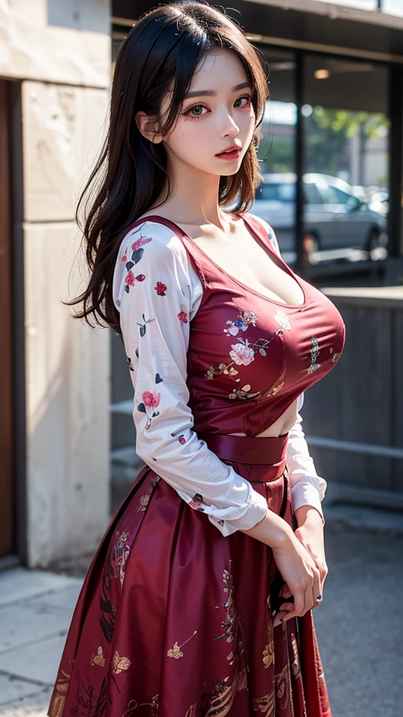 (8k, raw photos, realistic: 1.25), (lip balm, eyelash, shiny face, shiny skin, best quality, Ultra high resolution, depth of field, Chromatic aberration, Moisturized lips, A specially trimmed face, Eyes with sparkling details, black hair, Very long., 1 girl, wearing amm shirt, red top, long sleeve, Wear a long skirt., red long skirt acm, print skirt), (Huge , เต้าBig tits, Eatching breasts, Bi, outdoorht., like full body.