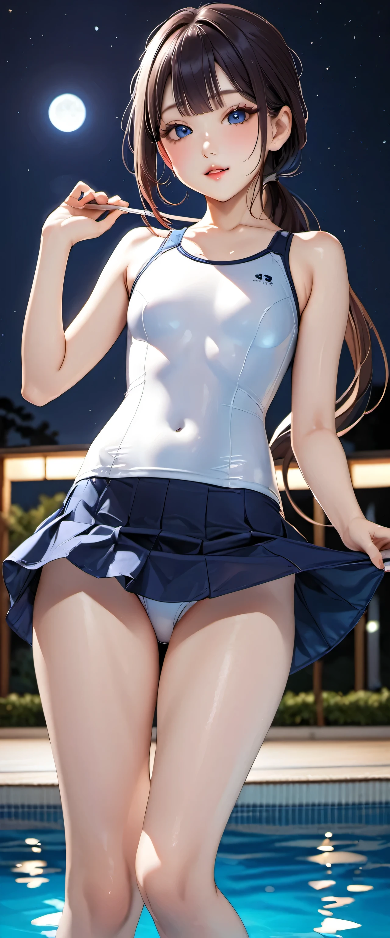 (masterpiece,highest quality,超A high resolution),japanese woman, (((very beautiful girl))), pretty girl、look at the photographer、 ((beautiful low ponytail)), super cute face, glossy lips, double eyelids in both eyes,natural smile、 natural makeup, long eyelashes, Shiny and smooth hair、center image, perfect limbs, perfect anatomy,(((navy blue skirt school swimsuit))、pool,night,